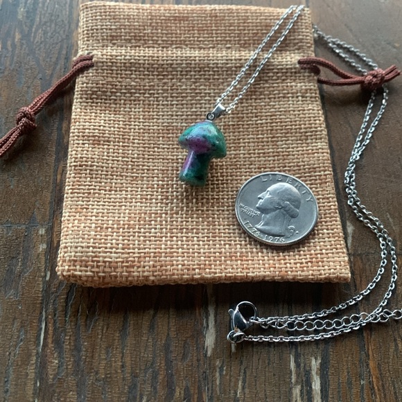 Ruby Zoisite Mushroom Necklace Mushroom Pendant Boho Jewelry Hippie Necklace - Picture 3 of 3